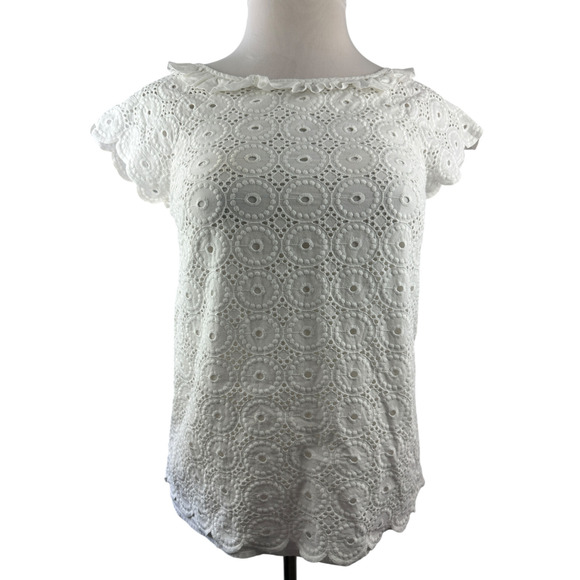 Lilly Pulitzer Crochet Eyelet Blouse Cap Short Sleeve Ruffle Button Back Size 8 - Picture 3 of 16